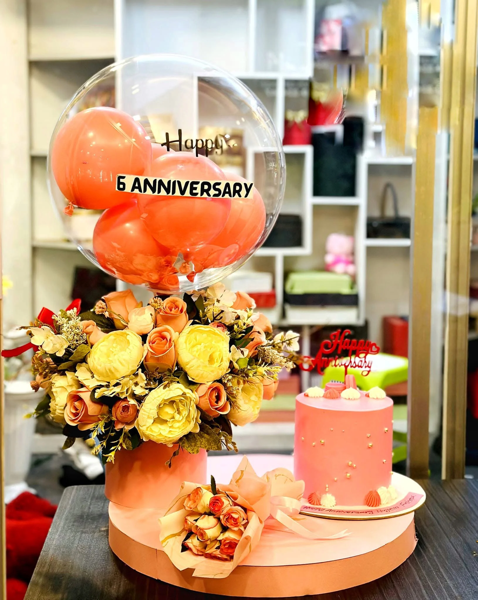 Anniversary Balloon & Flower Bouquet with Cake