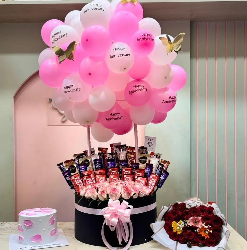Anniversary Balloon Decor with Flower Bouquet & Cake