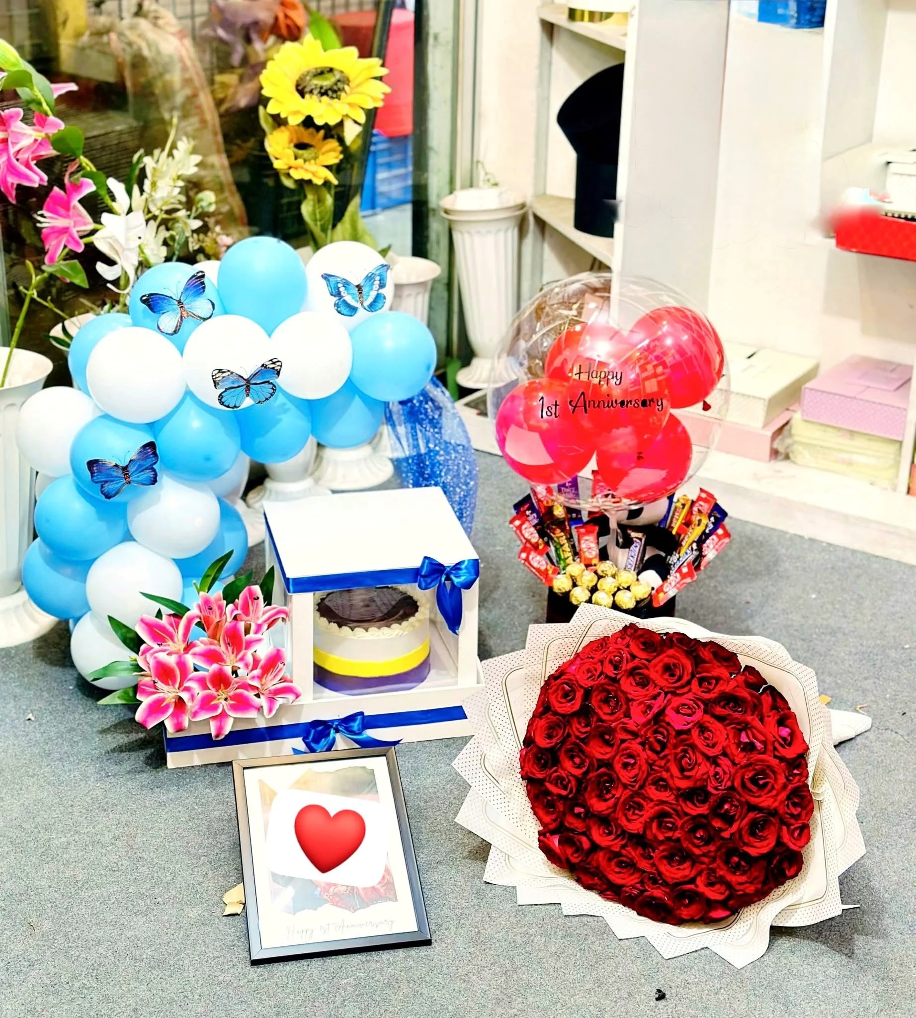 Anniversary Balloon, Cake & Flower Hamper with Photo Frame